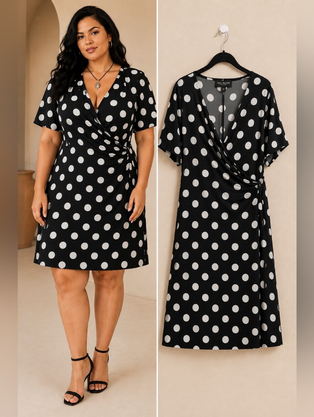 Isaac Mizrahi Plus Size Polka Dot Wrap Mini Dress - Black/White